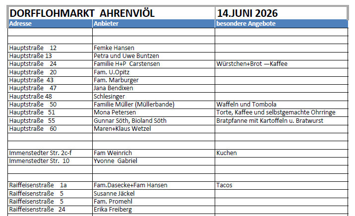 Dorfflohmarkt Ahrenviöl 2026 - Liste der Anbieter